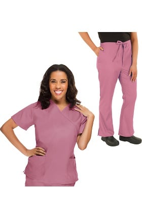 Classics by allheart Women's Mock Wrap Scrub Top & Flare Leg Scrub Pant Set