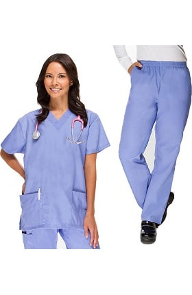Basics By Allheart Women's V-Neck Scrub Top & Elastic Waist Scrub Pant Set