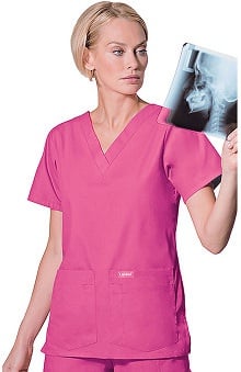 scrubs: Landau Women's 4-Pocket V-Neck Classic Fit Solid Scrub Top