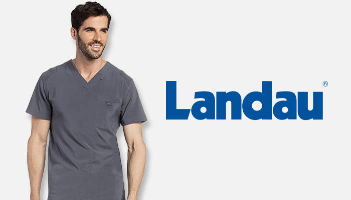 Man wearing gray Landau scrub top