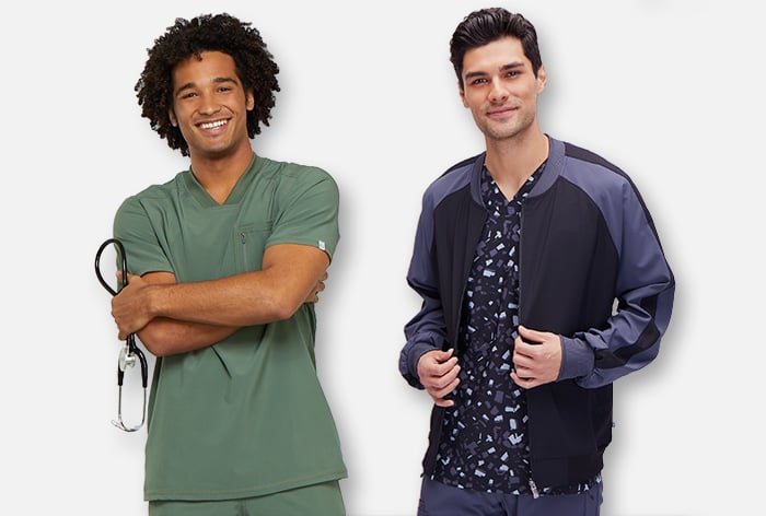 Two guys wearing stylish mens scrubs