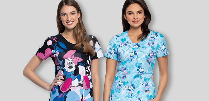 Two women model Minnie Mouse scrubs