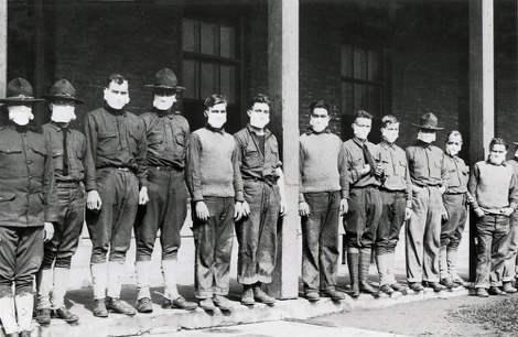 Masked hospital workers standing outside Army hospital during 1918 Spanish Influenza epidemic