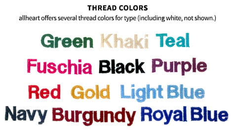 Image showing available thread colors for custom scrub embroidery