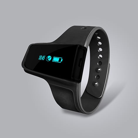 Black smartwatch fitness tracker against a white background