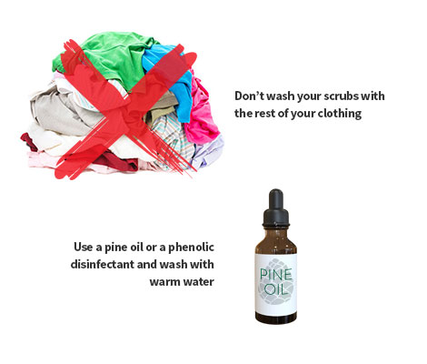 Graphic showing dos and donts of washing scrubs