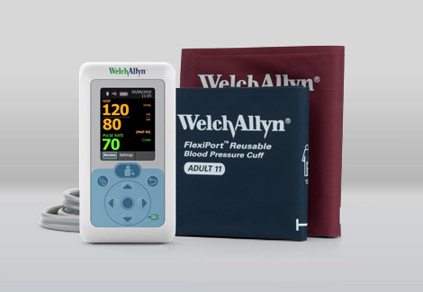 Welch Allyn digital blood pressure monitor against a white background