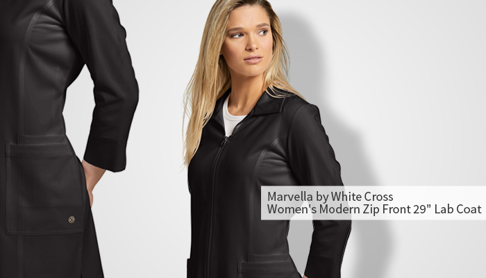 marvella by white cross modern zip front 29" lab coat