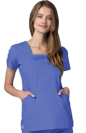Universal Basics by Adar Women's Square Neck Pleated Detail Solid Scrub Top