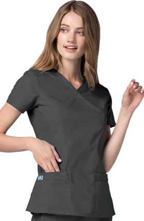 Universal Basics by Adar Women's Double Stitched Mock Wrap Solid Scrub Top