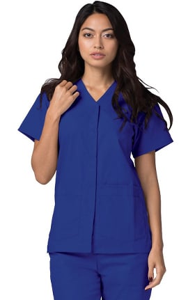 Universal Basics by Adar Women's Double Patch Pocket Snap Front Solid Scrub Top
