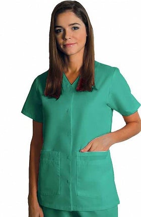 Clearance Universal Basics by Adar Women's Double Patch Pocket Snap Front Solid Scrub Top