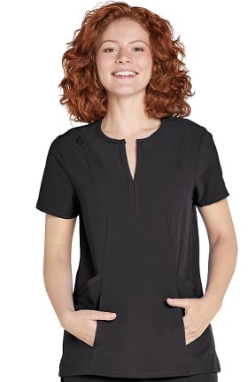 Addition by Adar Women's Split Round Neck Smocked Solid Scrub Top