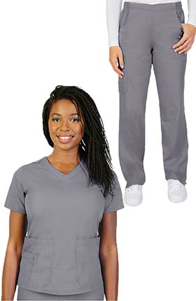 Ascent by allheart Women's V-Neck Scrub Top & Pull On Straight Leg Scrub Pant Set