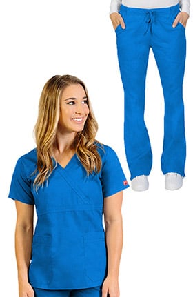 Ascent by allheart Women's Mock Wrap Scrub Top & Flare Leg Drawstring Scrub Pant Set
