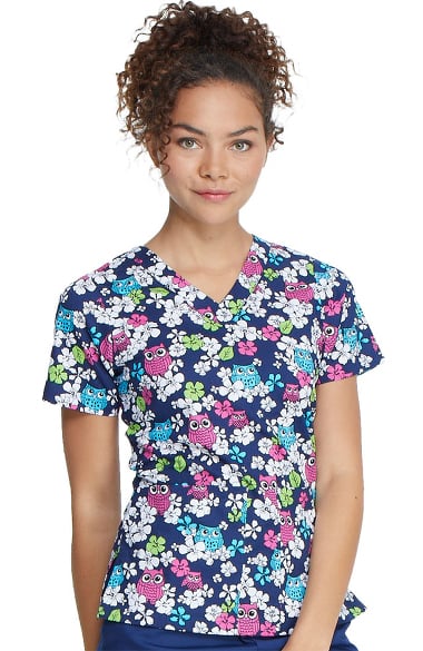 Basics By Allheart Women's Owl Be Good Navy Print Scrub Top| Allheart.com