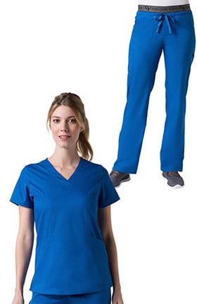 C3 by allheart Women's Sporty V-Neck Solid Scrub Top & Logo Elastic Waistband COOLMAX Scrub Set