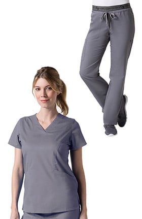 Clearance C3 by allheart Women's Sporty V-Neck Solid Scrub Top & Logo Elastic Waistband COOLMAX Scrub Set