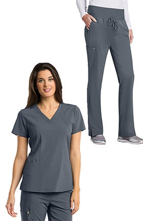 Barco One™ Women's V-Neck Solid Scrub Top & Flare Leg Knit Waist Cargo Scrub Pant Set