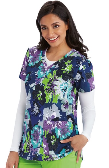 Grey's Anatomy Classic Women's V-Neck Mosaic Floral Print Scrub Top Clearan