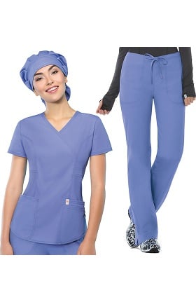 code happy Women's Mock Wrap Scrub Top & Mid-Rise Scrub Pant Set