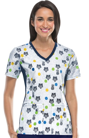 Flexibles by Cherokee Women's Soft Knit Side Panel Owl Print Scrub Top