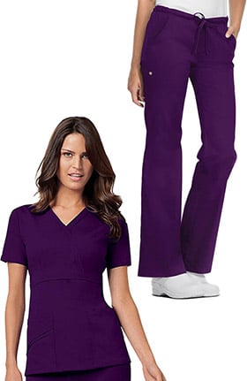 Luxe by Cherokee Women's Mock Wrap Solid Scrub Top & Drawstring Scrub Pant Set
