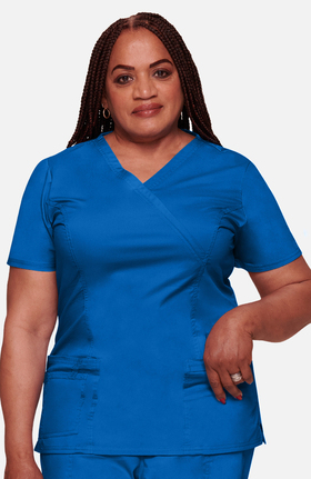 Core Stretch by Cherokee Workwear Women's Mock Wrap Princess Seam Solid Scrub Top