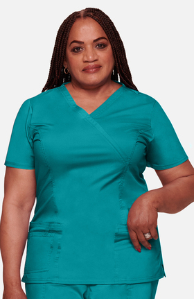 Core Stretch by Cherokee Workwear Women's Mock Wrap Princess Seam Solid Scrub Top
