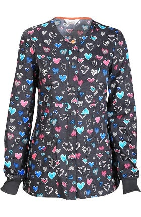 code happy Women's Snap Front Heart Print Warm Up Scrub Jacket