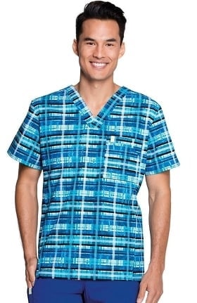 Clearance code happy Men's V-Neck Plaid Print Scrub Top