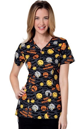 Code Happy™ Women's V-Neck Halloween Print Scrub Top