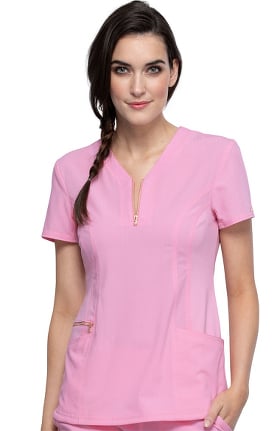 STATEMENT by Cherokee Women's Zip Up Notched Neckline Solid Scrub Top