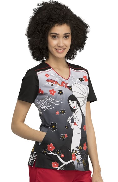 Tooniforms By Cherokee Women S Mulan And Mushu Print Scrub Top