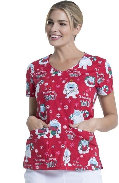 EDS Essentials by Dickies Women's Yeti For Christmas Print Scrub Top ...