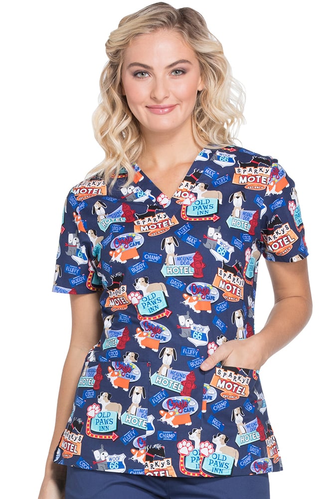 Everyday Scrubs Signature by Dickies Women's V-Neck Dog Print Scrub Top | a