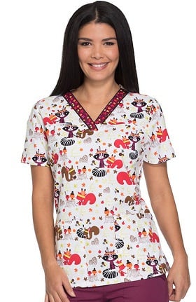 EDS Signature by Dickies Women's V-Neck Fall Animals Print Scrub Top