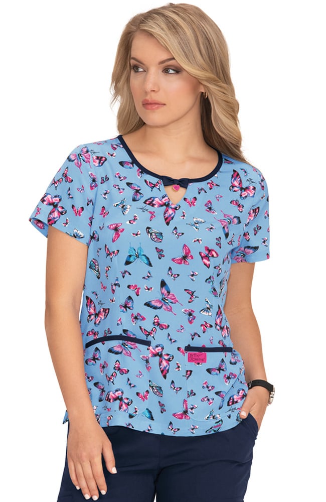 Betsey Johnson By Koi Women's Rose Bright Butterflies Print Scrub Top ...