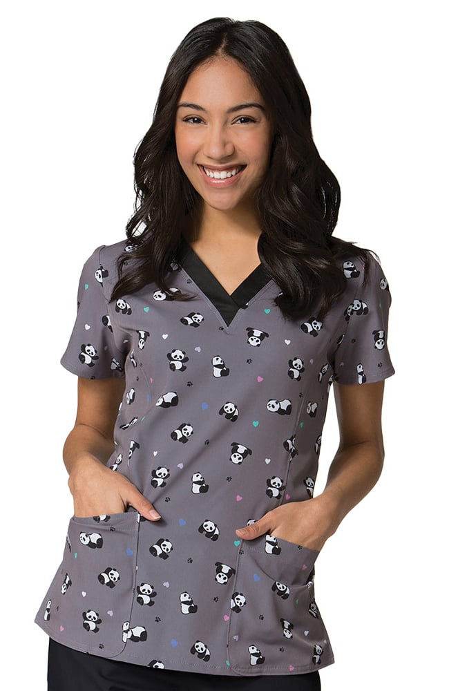 Maevn Uniforms Womens V Neck Panda Print Scrub Top 