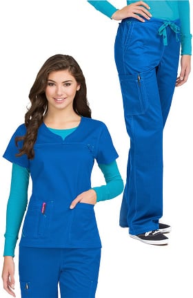MC2 by Med Couture Women's Lexi Sport Neckline Solid Scrub Top & Layla Flare Leg Cargo Scrub Pant Set