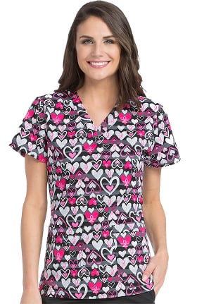MC2 by Med Couture Women's Niki V-Neck Breast Cancer Awareness Heart Print Scrub Top