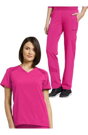 Fit by White Cross Women's V-Neck Solid Scrub Top & Mesh Waist Stretch Scrub Pant Set