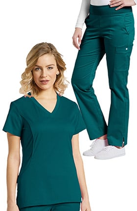 Allure by White Cross Women's Stretch V-Neck Solid Scrub Top & Yoga Style Scrub Pant Se