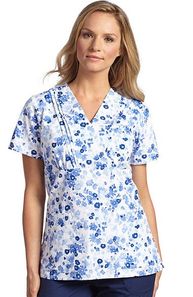 White Cross Women's Pleated Cross Over Mock Wrap Floral Print Scrub Top