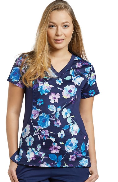 White Cross Women's Notch Neck Stretch Side Floral Print Scrub Top