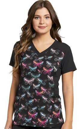 Fit by White Cross Women's V-Neck Butterfly Print Scrub Top