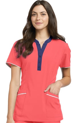 Fit by White Cross Women's Contrast Henley Button V-Neck Solid Scrub Top
