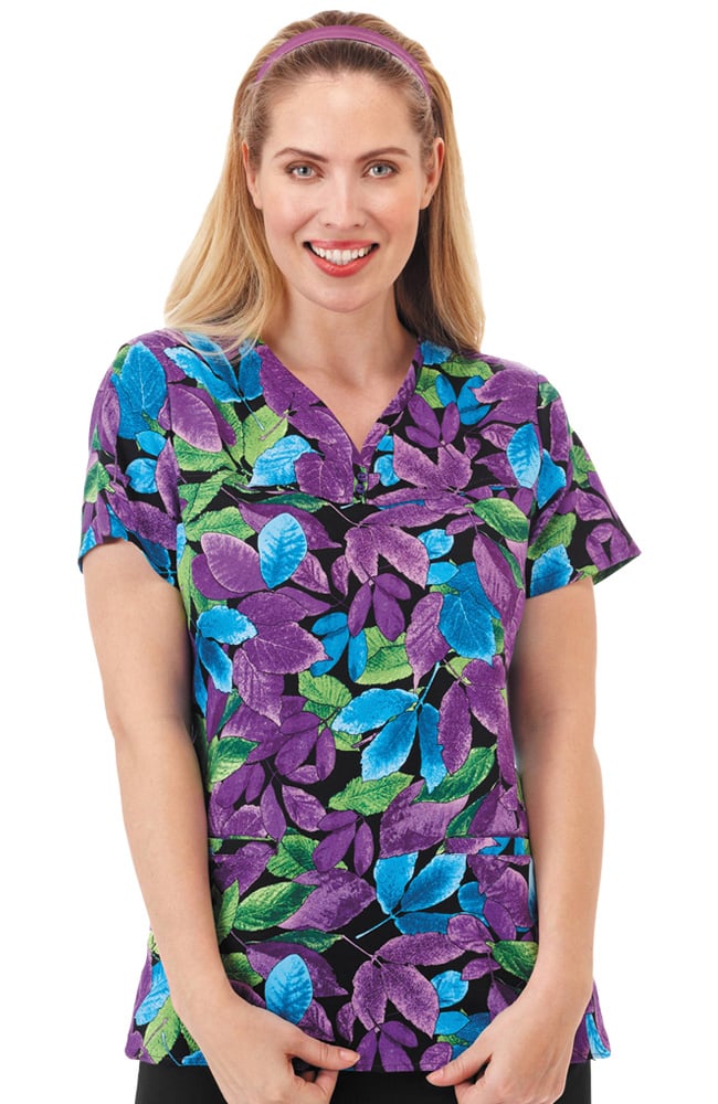 Bio Women's Y-Neck Leaves Print Scrub Top | allheart.com