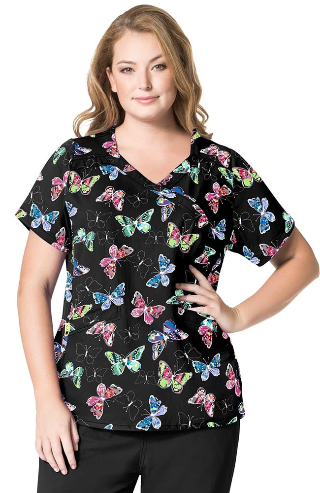 Download Plus by WonderWink Women's Mock Wrap Butterfly Print Scrub Top