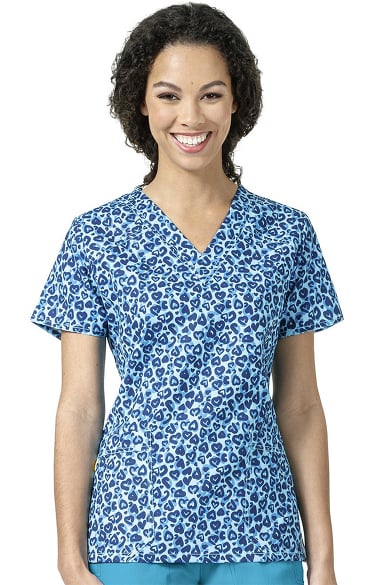 Four Stretch by WonderWink Women's V-Neck Heart Print Scrub Top